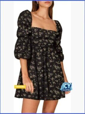 Polyester Square Neck Dress with Puff Sleeves and Smocked Back